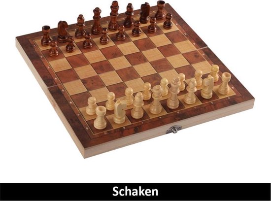 3 in 1 Schaakset, Checkersbord en Backgammon – Schaakspel inclusief schaakstukken en stenen - Opklapbaar Schaakbord - Schaken - Dammen - 39 x 39 cm