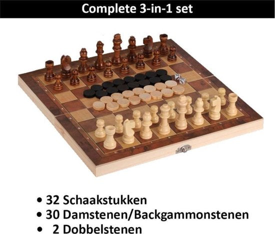 3 in 1 Schaakset, Checkersbord en Backgammon – Schaakspel inclusief schaakstukken en stenen - Opklapbaar Schaakbord - Schaken - Dammen - 39 x 39 cm